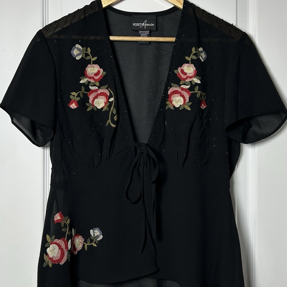 Positive Attitude Vintage 90s Black Beaded Sheer Floral V-Neck Tie Front Top